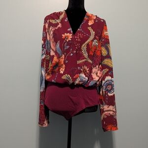 Fashion Nova Burgundy Floral Wrap Bodysuit with Multicolor Blooms